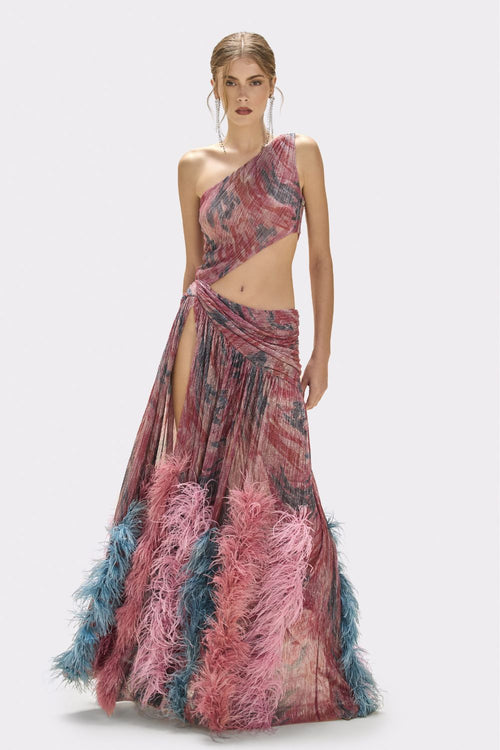 pink feathered dress Patbo TWIST FEATHER GOWN