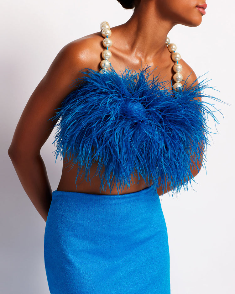 Feather Cropped Top with Pearl Straps (EXCLUSIVE)