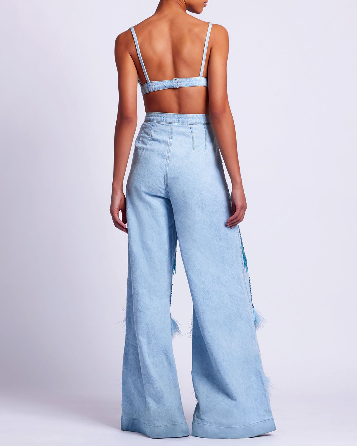 Hand-Beaded Denim and Feather Jeans