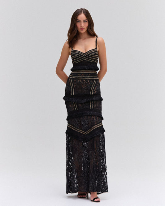 LACE AND FRINGE MAXI DRESS