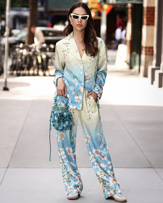 Long White Flower Blue Pajamas