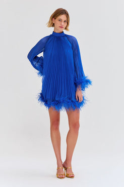 Pleated Feather Trim Mini Dress