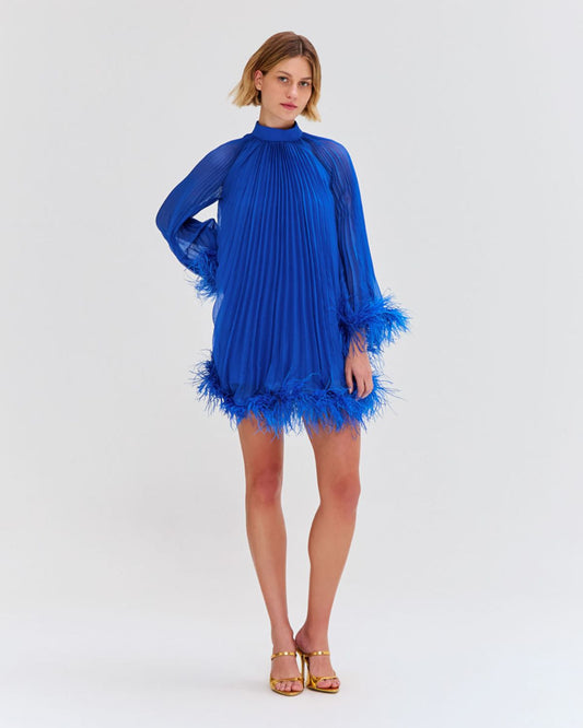 Pleated Feather Trim Mini Dress