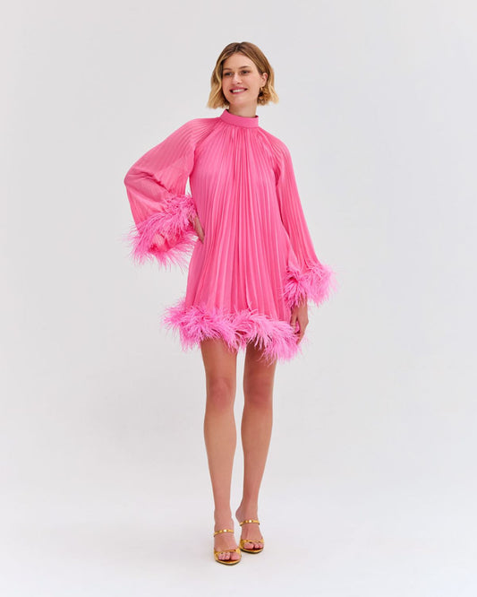 Pleated Feather Trim Mini Dress
