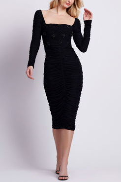 HAND BEADED STRETCH TULLE MIDI DRESS