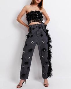 HAND-BEADED JEANS WITH FEATHER TRIM