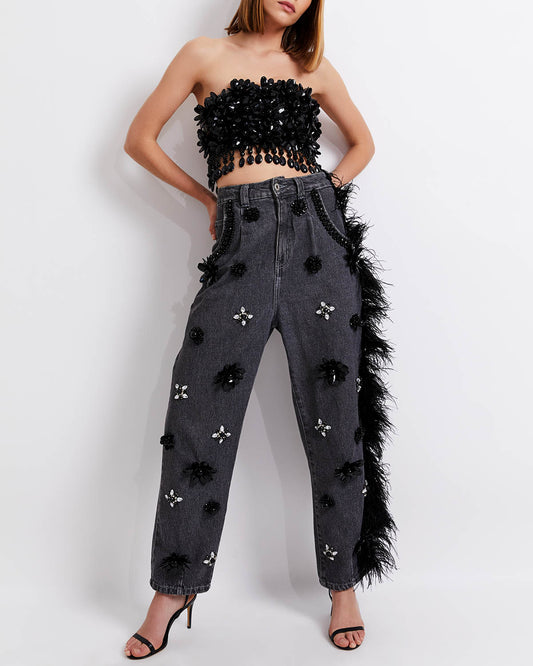 HAND-BEADED JEANS WITH FEATHER TRIM