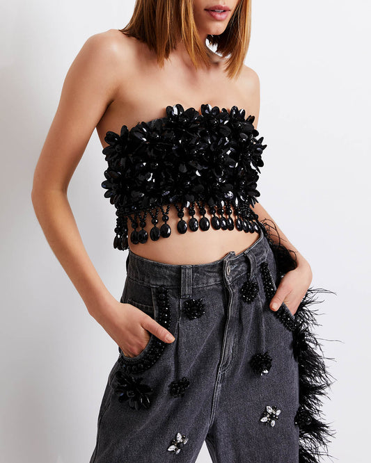 HAND-BEADED JEANS WITH FEATHER TRIM (RUNWAY)
