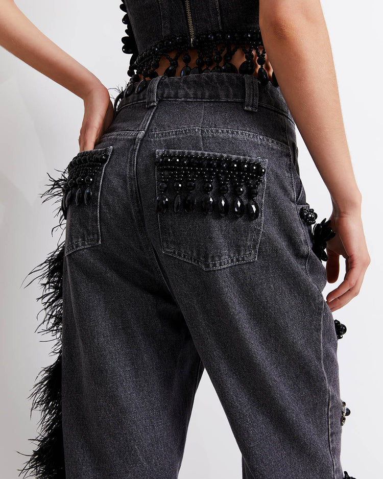 HAND-BEADED JEANS WITH FEATHER TRIM (FINAL SALE)