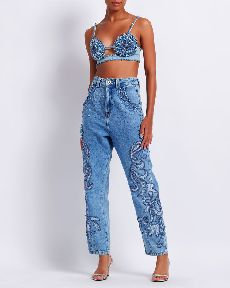 HAND-BEADED DENIM BRALETTE