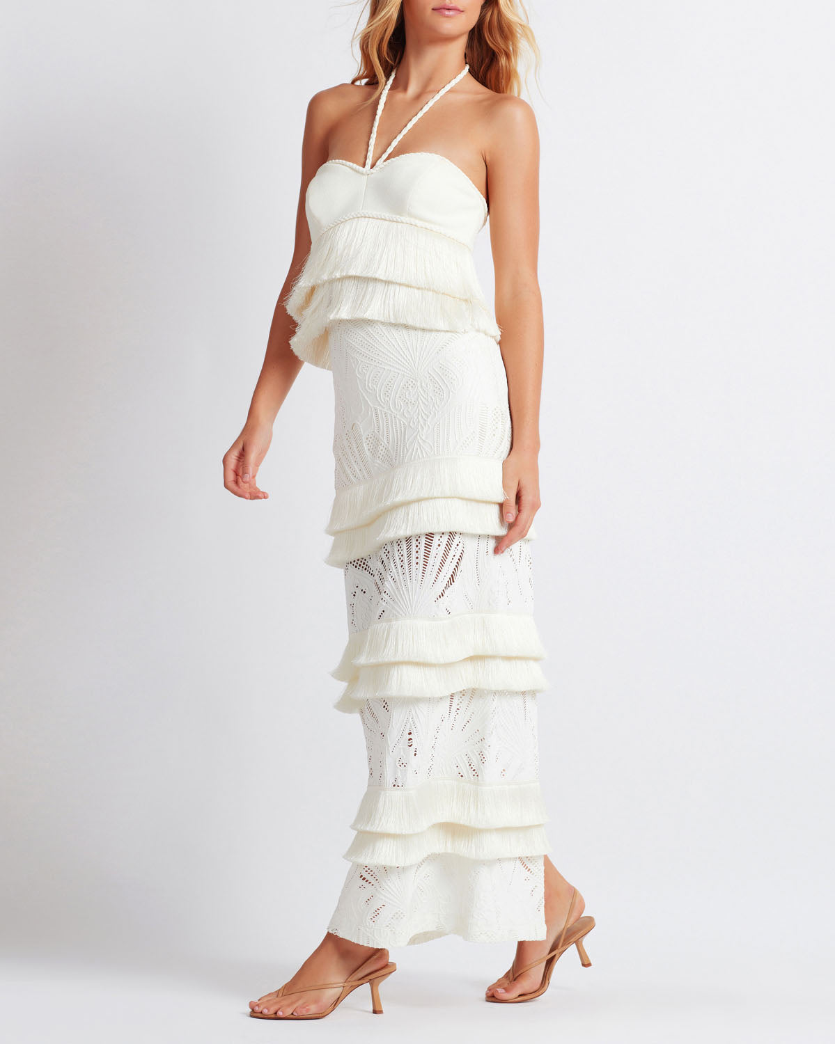 Fringe Trim Lace Maxi Skirt