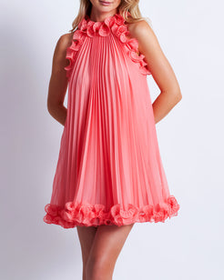 Pleated High Neck Mini Dress