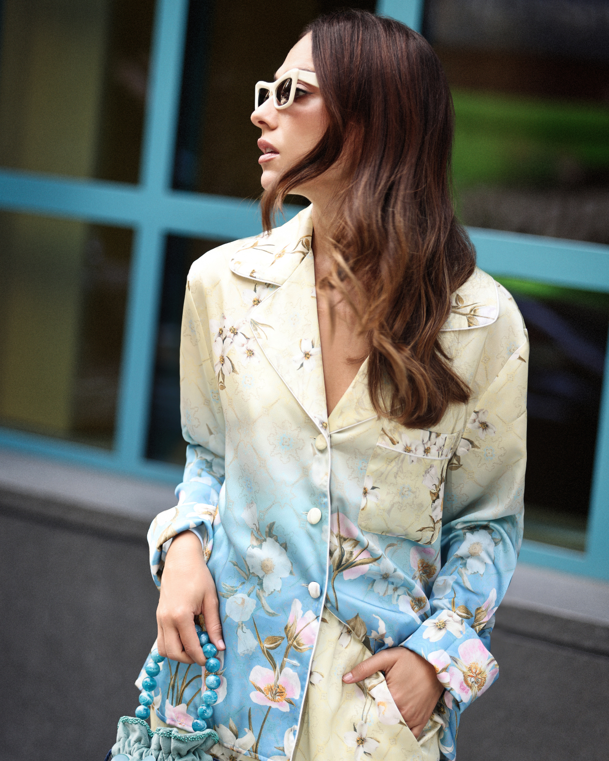 Long White Flower Blue Pajamas