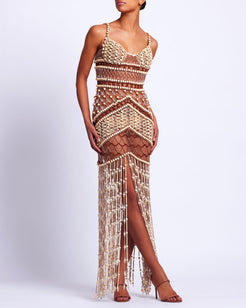 Wood and Crystal Beaded Gown