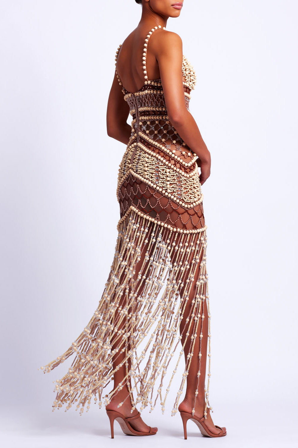 Wood and Crystal Beaded Gown PatBO Wood and Crystal Beaded Gown PatBO