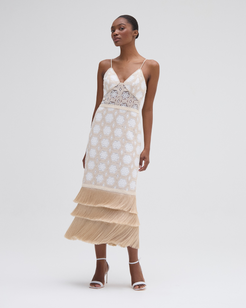 NATURAL CROCHET PLUNGE MIDI DRESS