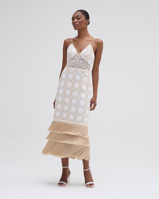 NATURAL CROCHET PLUNGE MIDI DRESS