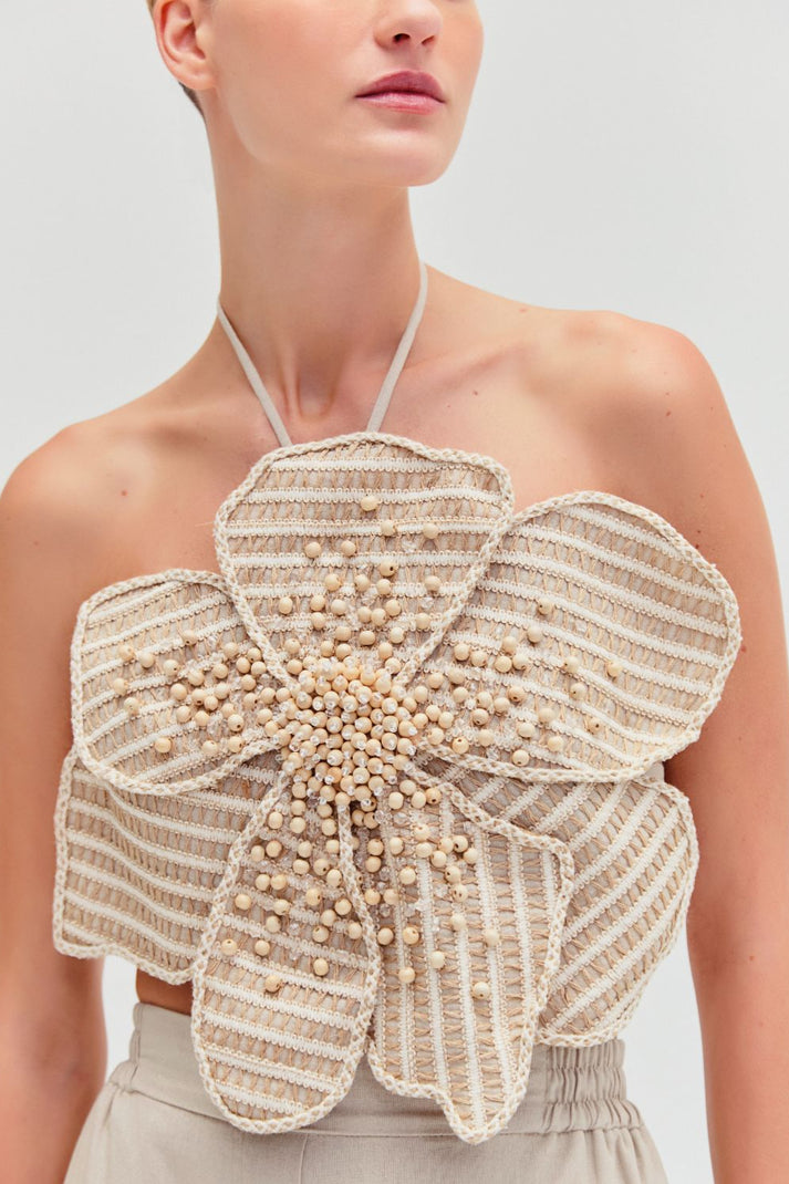 CANDY LINEN HAND BEADED FLOWER TOP  PatBO