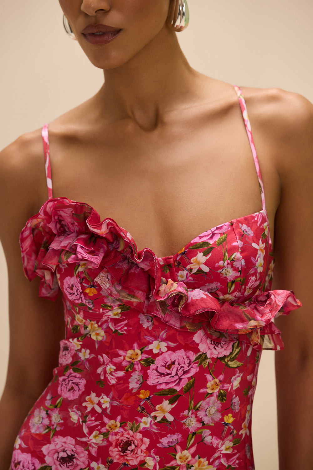 PEONY PRINT LYCRA RUFFLE BODYSUIT