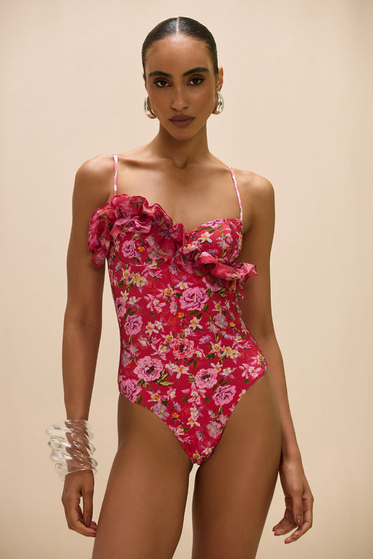 PEONY PRINT LYCRA RUFFLE BODYSUIT