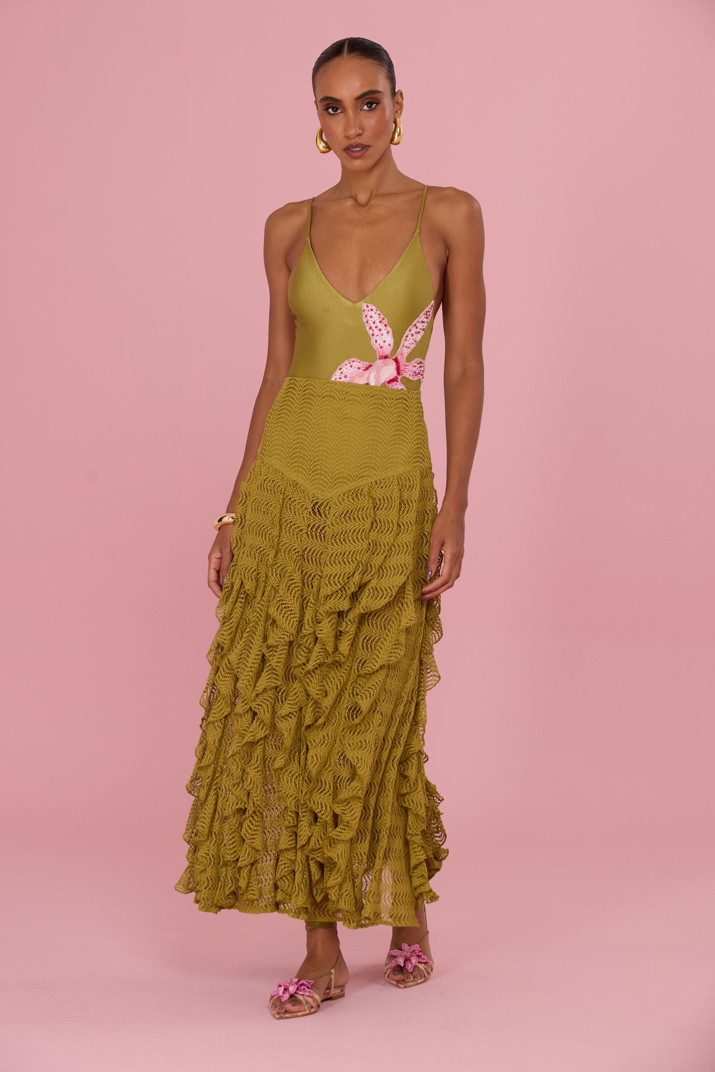 PETAL SHEEN MESH MAXI SKIRT