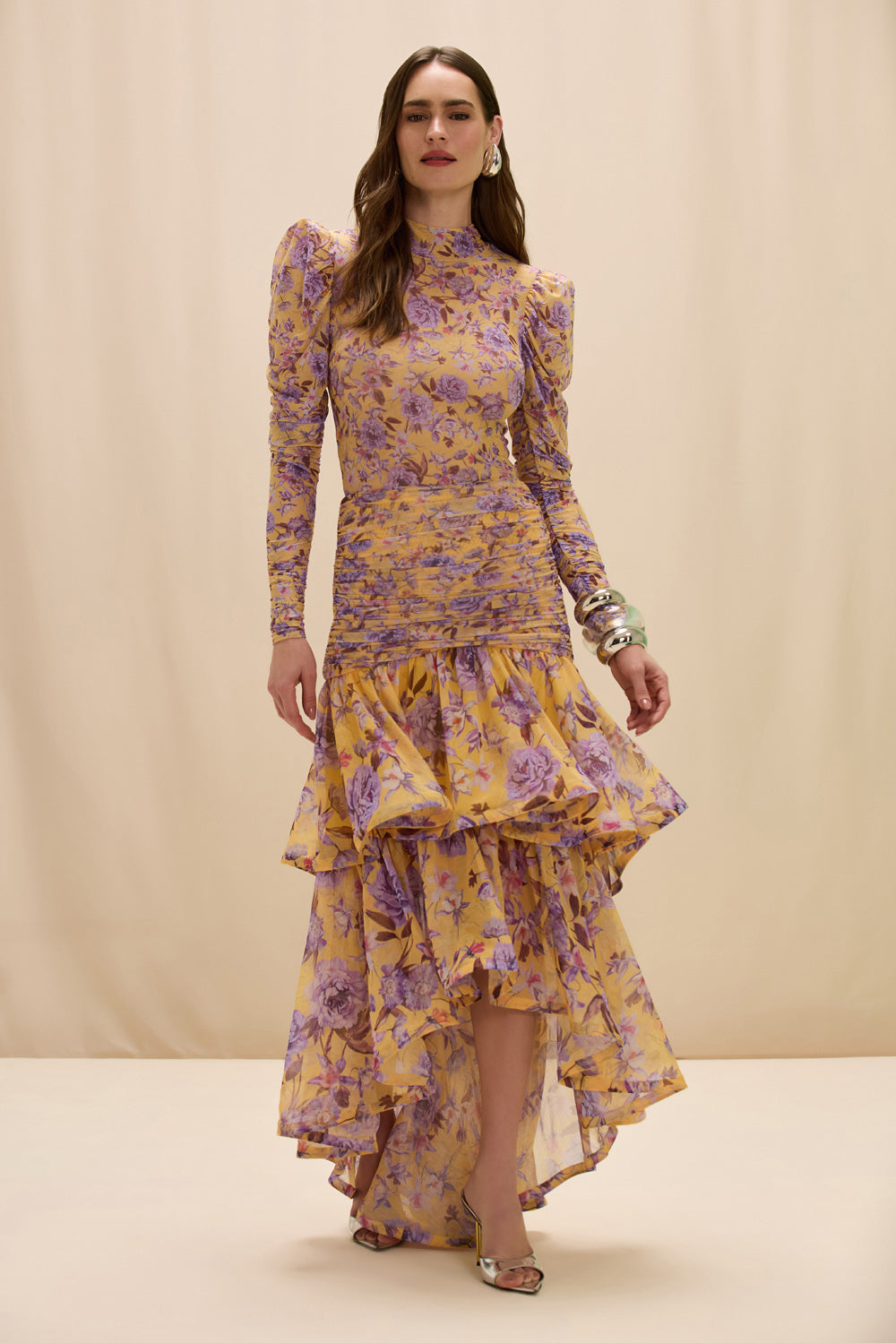 asymmetrical skirt dress PEONY DOTS MIDI (RUNWAY) 2 / Yellow 2021Fall shoulder sweetheart neckline and Afterlight Halterneck Backless Sequin COLOR:Natural