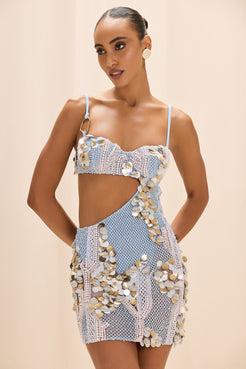 SEASHELL EMBROIDERY CUT OUT MINI DRESS