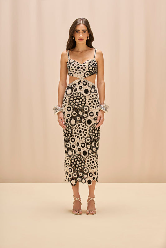 CORAL CROCHET CUTOUT MIDI DRESS