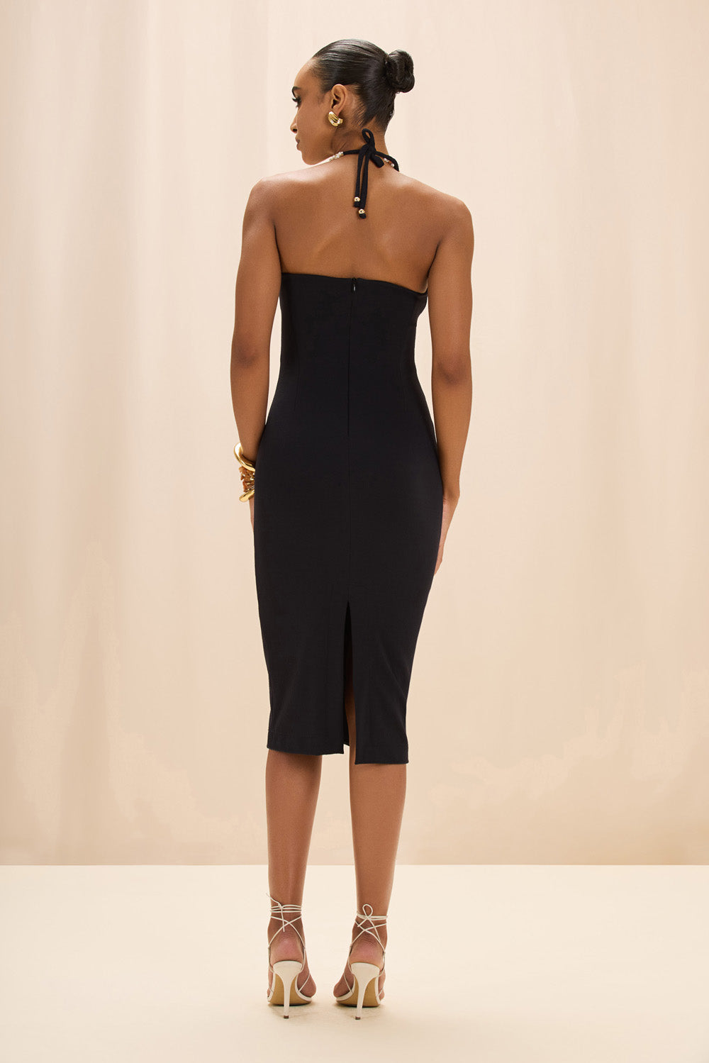 JADE KNIT EMBROIDERED HALTERNECK MIDI DRESS