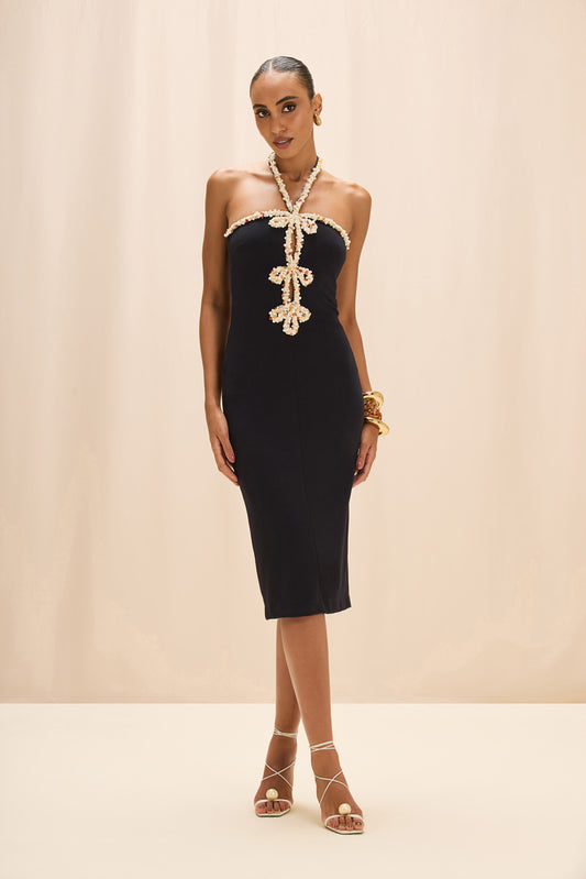 JADE KNIT EMBROIDERED HALTERNECK MIDI DRESS