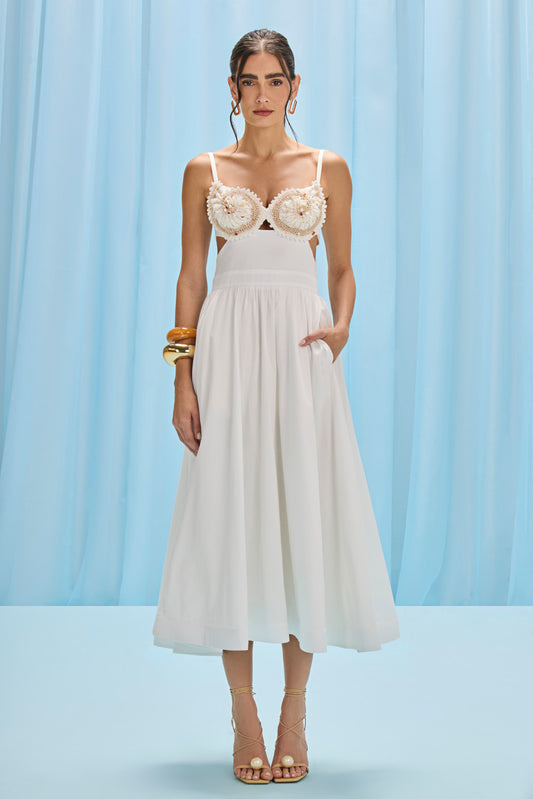 SEAWEED SHELL EMBROIDERED MIDI DRESS