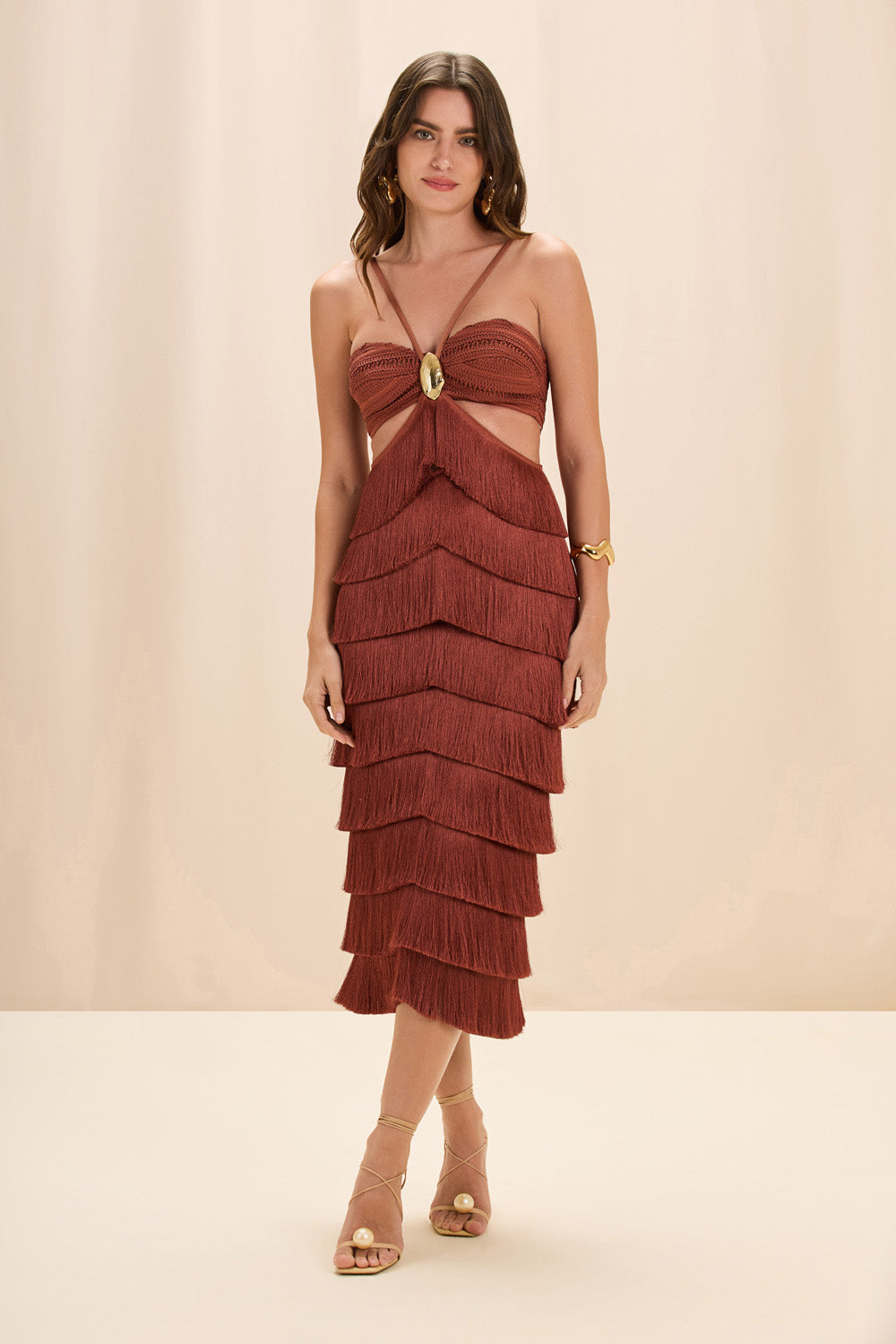 AMBER FRINGE MIDI DRESS 0 / Brown