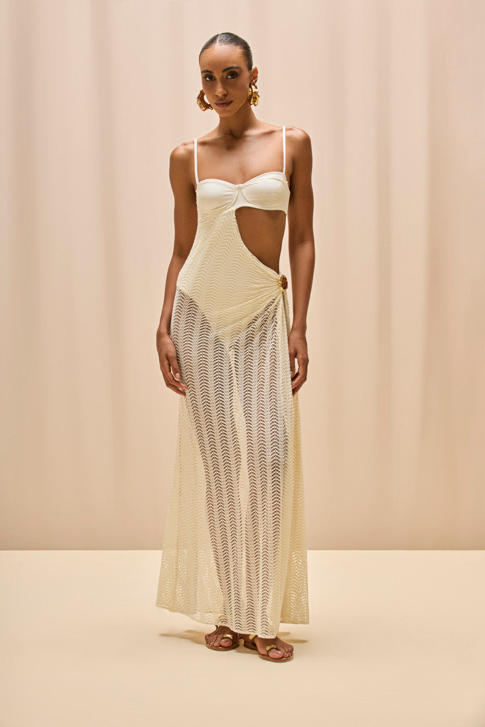 WAVE MESH CUT OUT Beach DRESS M / OFF White