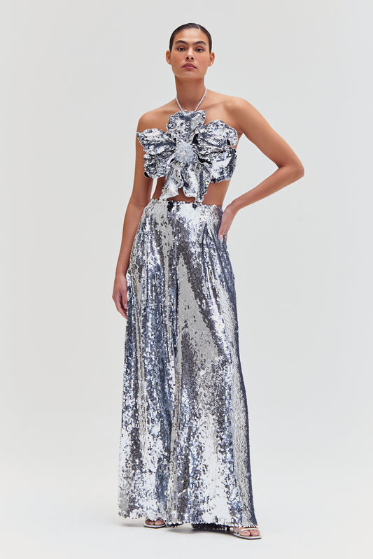 SILVER SEQUIN WIDE LEG PANT