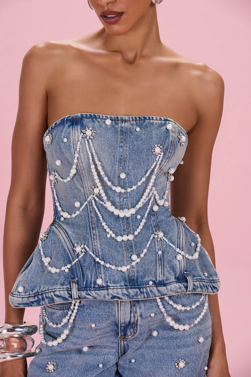 CRYSTAL DENIM EMBROIDERED TOP