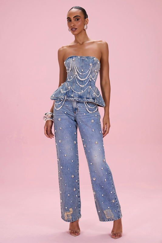 CRYSTAL DENIM EMBROIDERED PANT