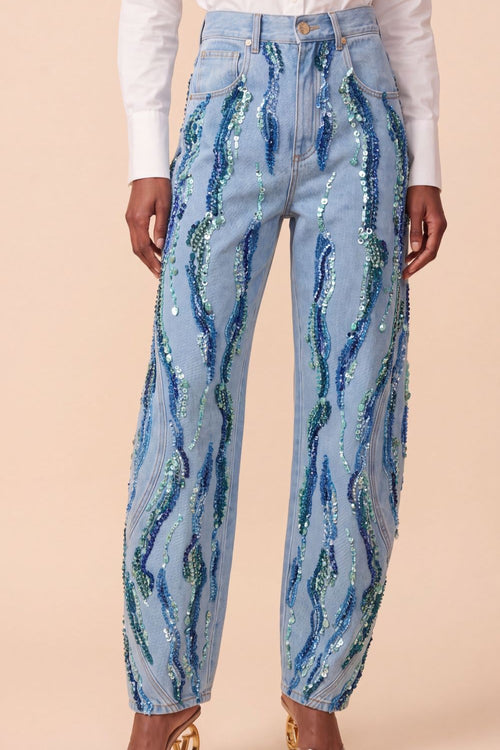 WAVES EMBROIDERED DENIM PANTS (RUNWAY)