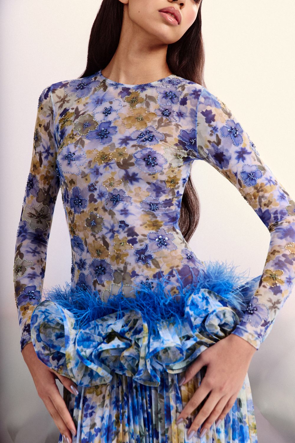 WALLERY LONG-SLEEVE FEATHER GOWN (RUNWAY)