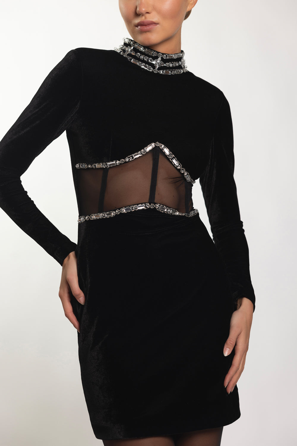 HAND BEADED VELVET BUSTIER MINI DRESS