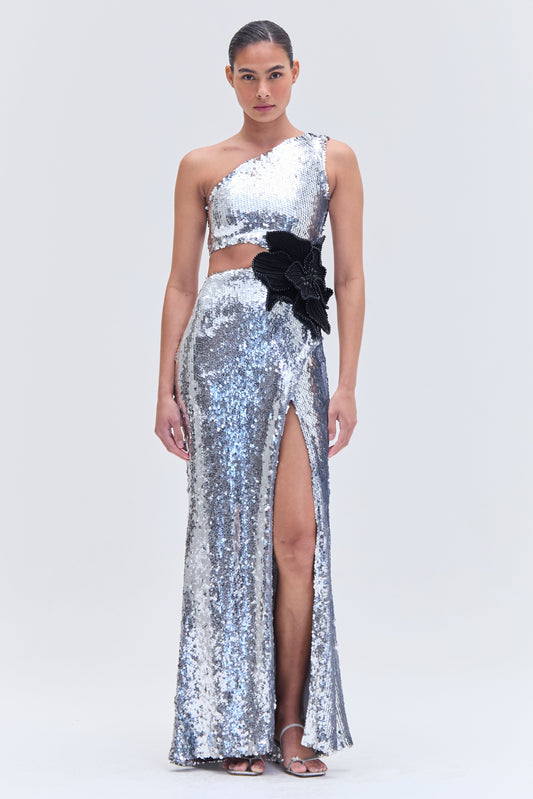 SILVER SEQUIN ONE SHOULDER GOWN