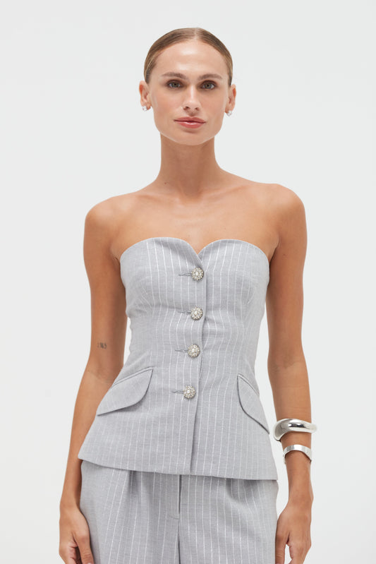 METALLIC PINSTRIPE STRAPLESS TOP