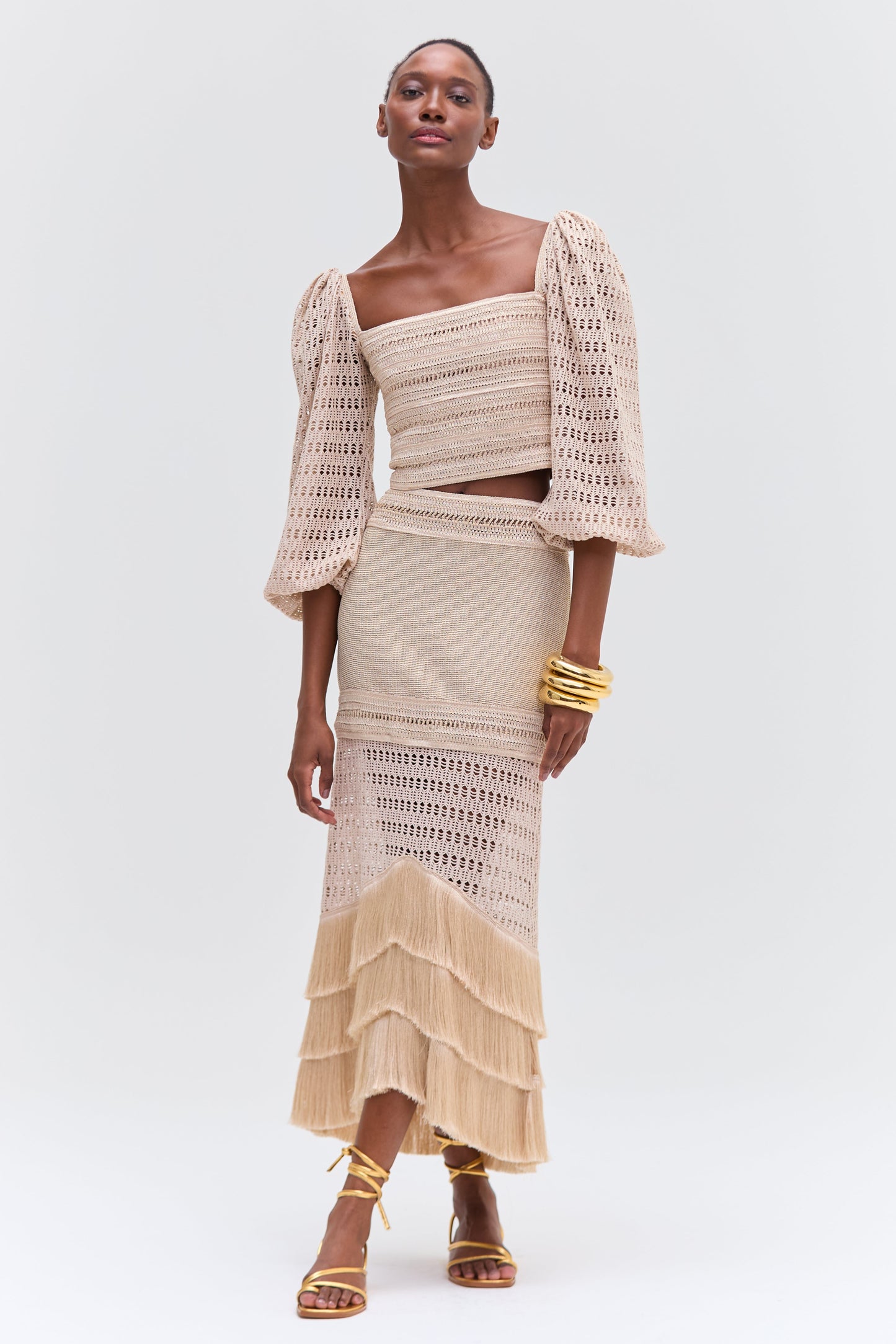 LUREX KNIT AND FRINGE LONG SKIRT