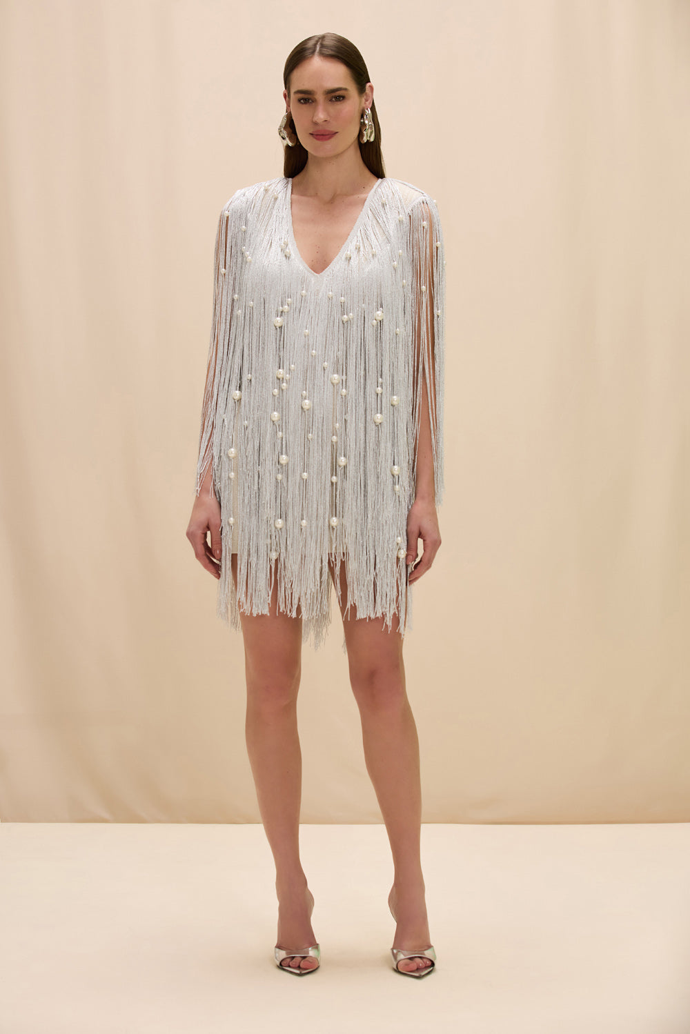AUREA CROCHET PLUNGE MINI DRESS 8 / SILVER
