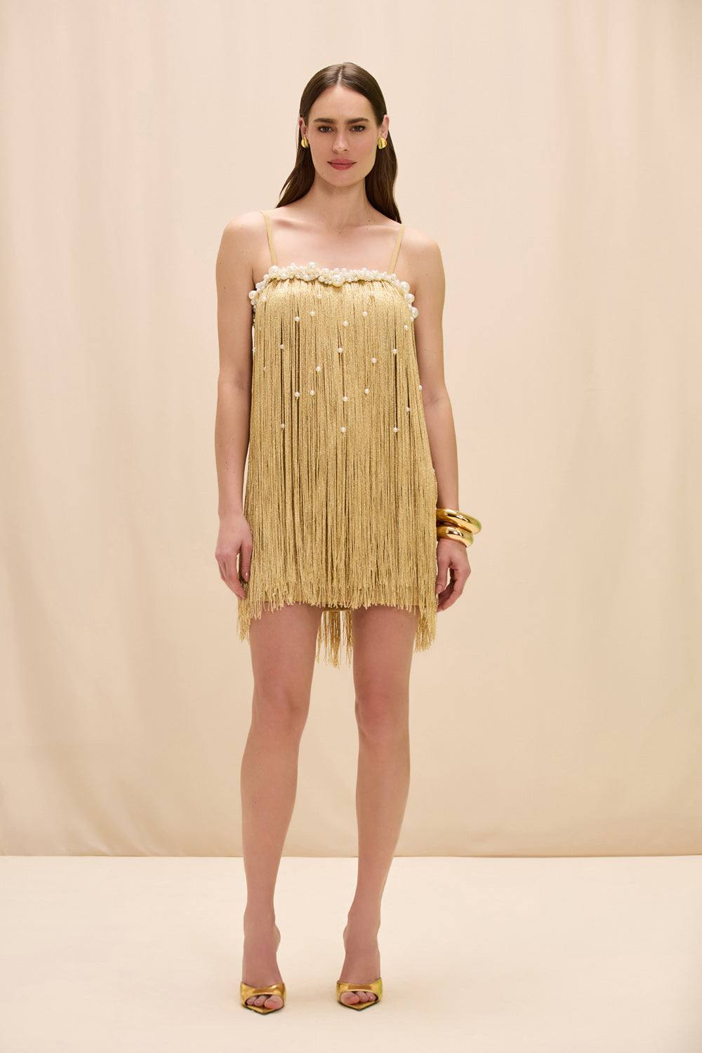 PatBO Aurea Crochet Mini Dress in Metallic Gold