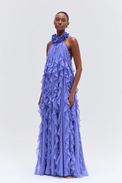 SILK PLISSE LONG DRESS HALTERNECK FLORAL COLLAR