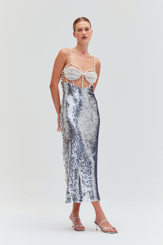 SILVER SEQUIN BEADED MIDI DRESS