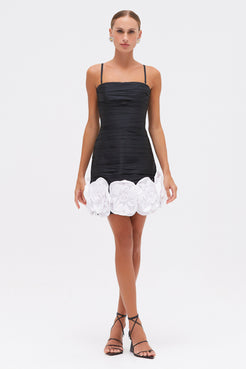 TAFFETA BLOOM DRAPED MINI DRESS