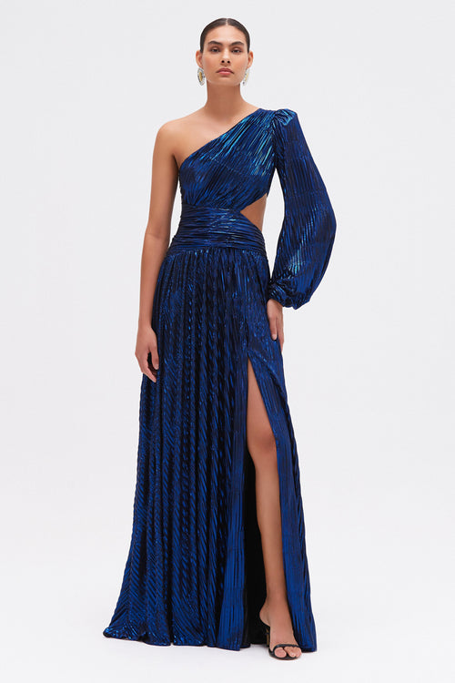 METALLIC PLISSE ONE SHOULDER GOWN