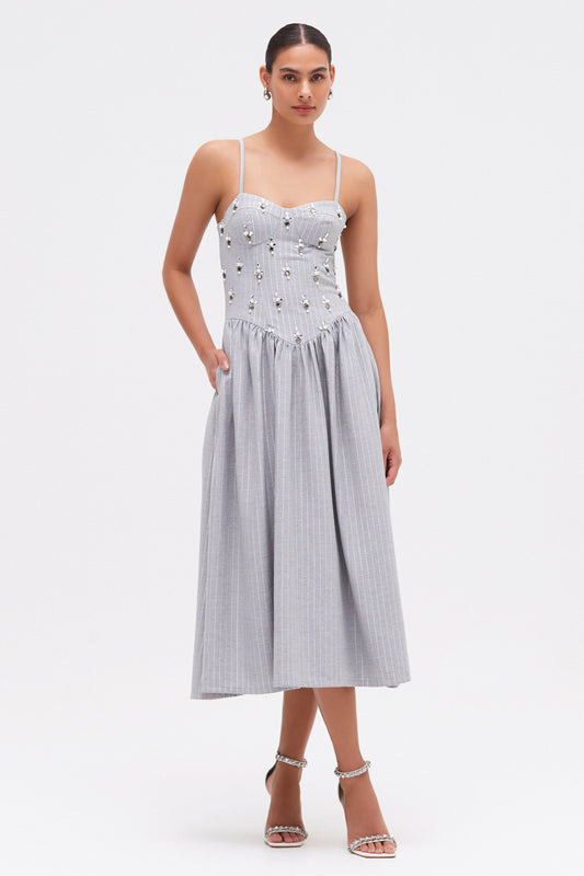 METALLIC PINSTRIPE MIDI DRESS