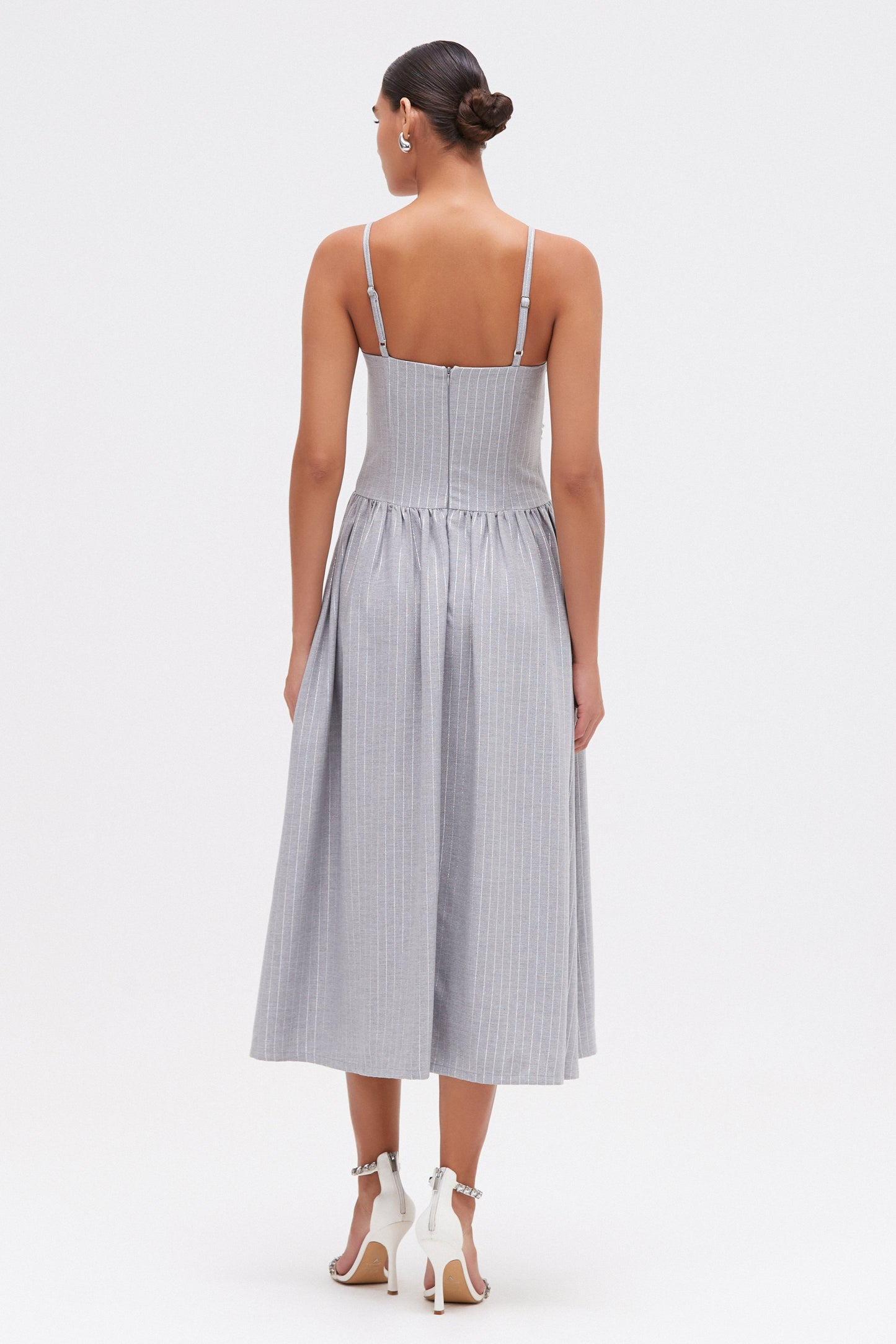 METALLIC PINSTRIPE MIDI DRESS
